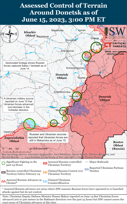 Карта боевых действий на Украине 16 июня. Фото: ISW