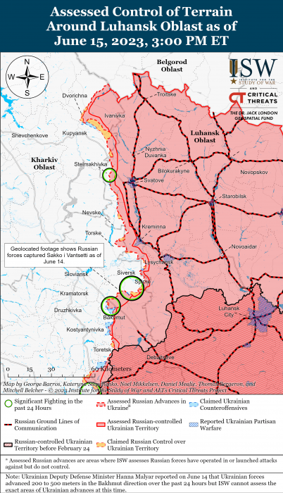 Карта боевых действий на Украине 16 июня. Фото: ISW