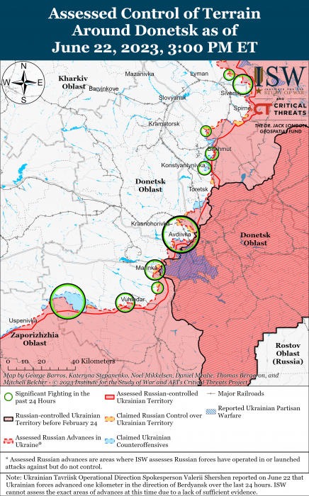 Карта боевых действий на Украине 23 июня. Фото: ISW