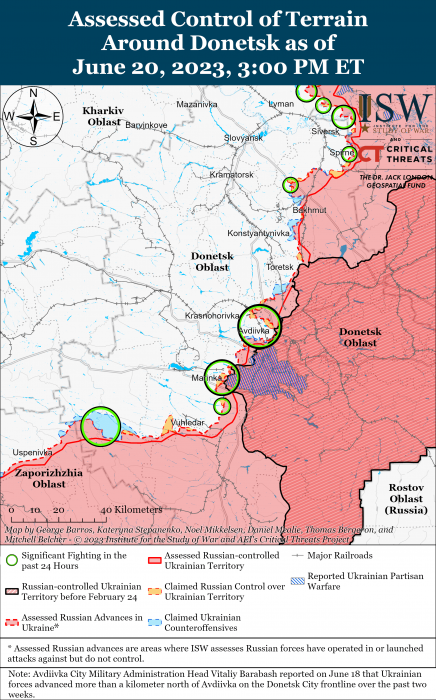 Карта боевых действий на Украине 21 июня. Фото: ISW