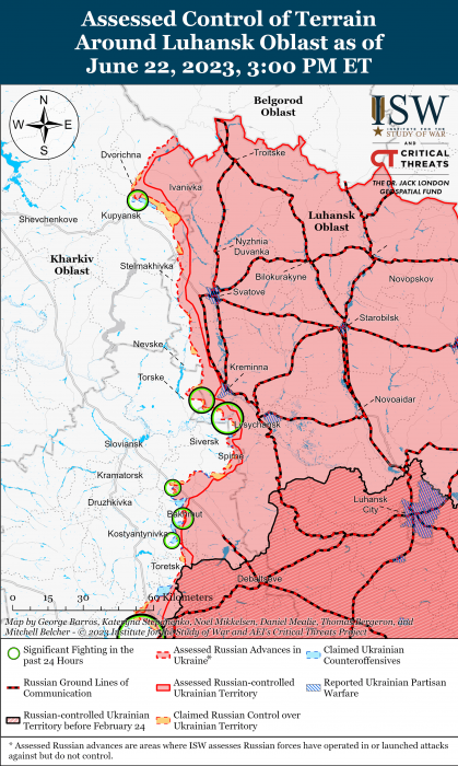 Карта боевых действий на Украине 23 июня. Фото: ISW