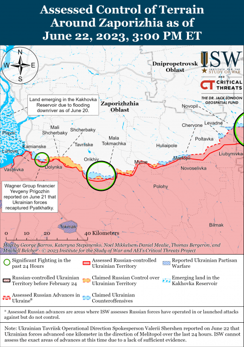 Карта боевых действий на Украине 23 июня. Фото: ISW